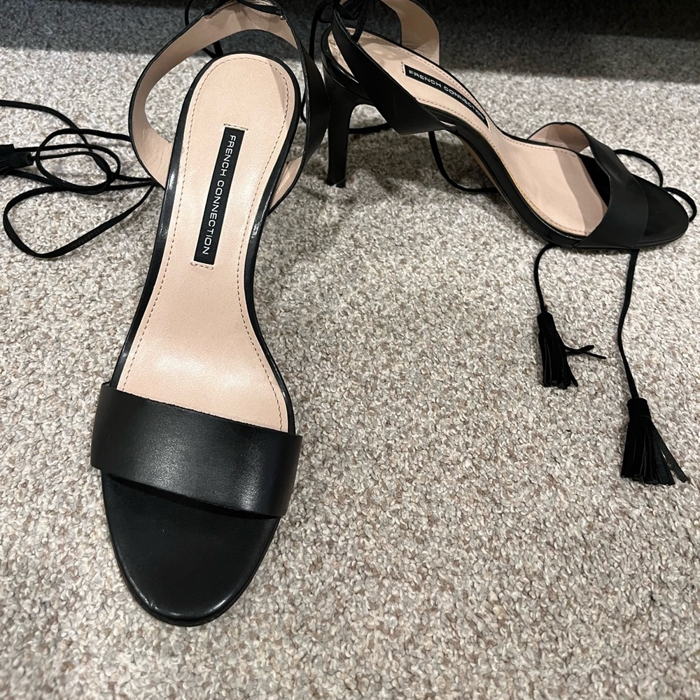 Black high heels. Tie up the leg with tassels. French connection. Size 9